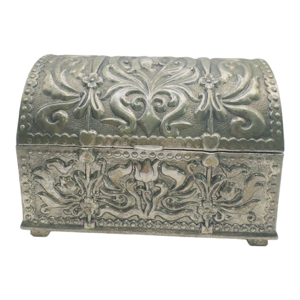 Vintage Jewelry Box  with Silver Metal Cladding Tulips and soft Red Felt Lining